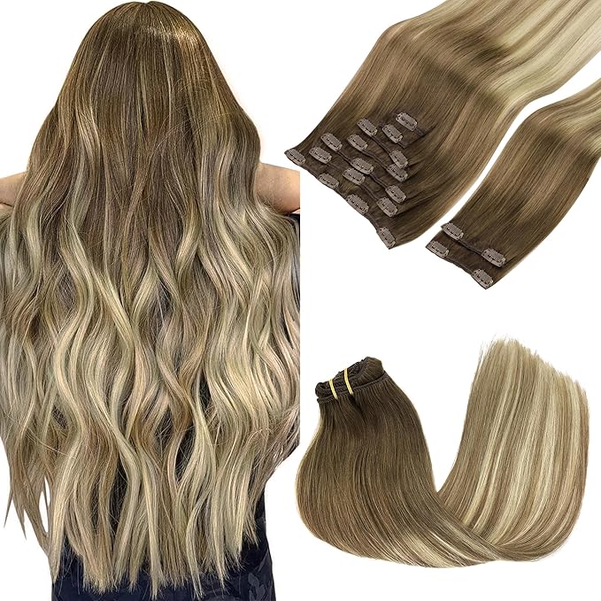 GOO GOO Clip in Hair Extensions Real Human Hair, Remy Human Hair Extensions Clip ins for Women, Natural Human Hair, 24inch 150g 9Pcs, #3/8/613 Balayage Walnut Brown to Ash Brown and Bleach Blonde