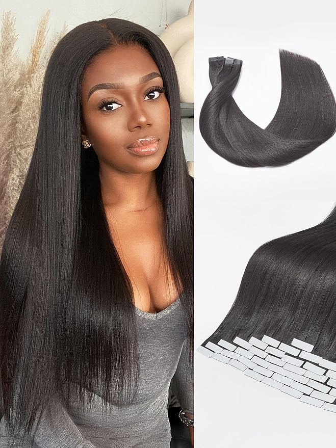 LUVME Tape in Extensions Human Hair 14 Inch 110g 50pcs Yaki Straight Natural Black Invisible Double Sided Seamless Extensions