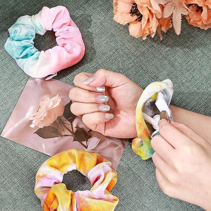Velvet Scrunchies with Zippers Pocket, 8 Pcs Tie Dye Soft Hair Ties, Hidden Pocket Hair Scrunchies Accessories for Women Girls, Soft Ponytail Holder Secret Compartment Items (Rainbow Colors)