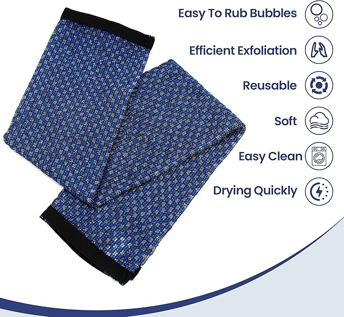 Japanese Exfoliating Loofah Back Scrubber - Shower Bath Towel for Men & Women (2 Pack Blue, 33.4" x 11.8")