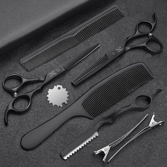JASON Hair Cutting Scissors Set - Professional 10 PCS Haircut Scissors kit, Thinning Blender Scissors, Straight Shears with 30 Teeth for Men Women Home Salon Barber (6.5", Black) Christmas Gift
