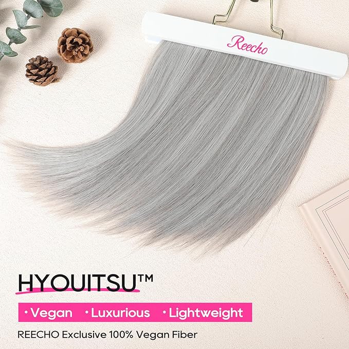 REECHO 12" Invisible Wire Hair Extensions with Thinner Softer Lace Weft Adjustable Size Removable Secure Clips in Short Straight Secret Hairpiece for Women (Grey)