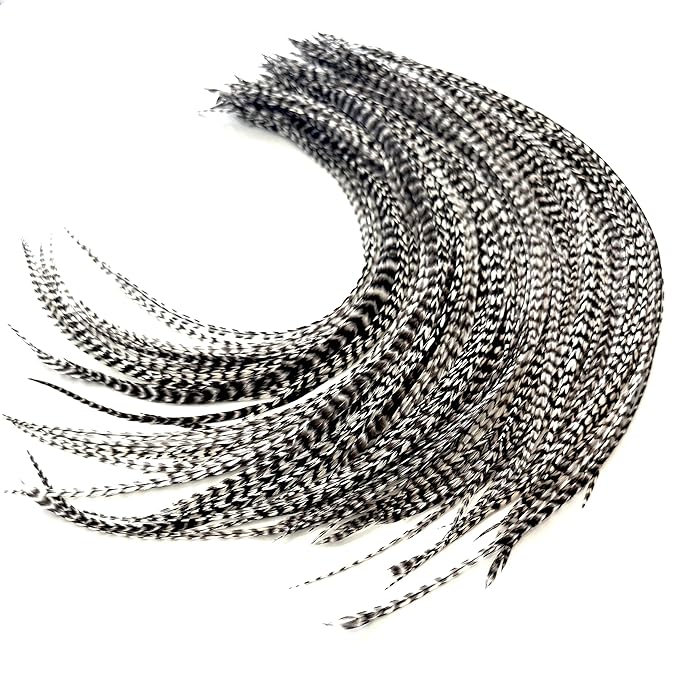 21 Grizzly Color Hair Extensions – 9”–14” Long – DIY Rooster Kit with 20 Micro-Link Beads – 100% Real Feathers – Eye-Catching Boho Style