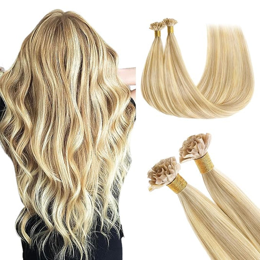 GOO GOO U Tip Real Human Hair Extensions, 22inch 50g 50S, Hot Fusion, Invisible Remy, 18D/22F Dirty Blonde Highlights