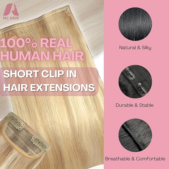 2 Pcs Short Hair Extensions, Human Hair Clip in Extensions for Women 6 inch Honey Brown and Bleach Blonde