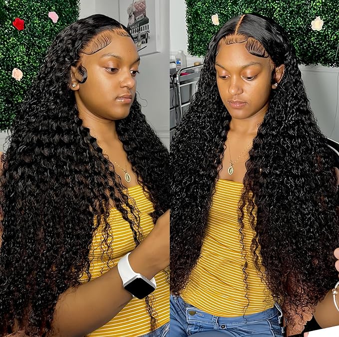 LICHANG Deep Wave 4x4 Transparent Lace Front Wigs Human Hair for Black Women Pre Plucked 180% Density Nature Color 30 Inch