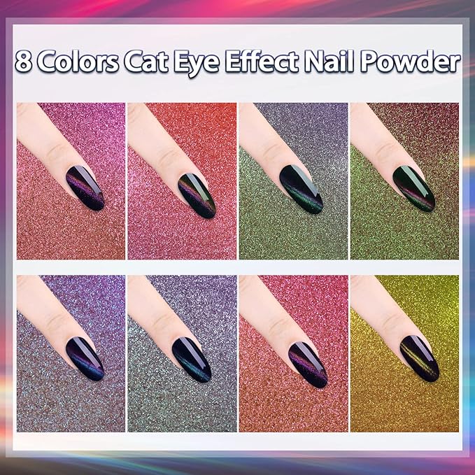 Laza 8 Colors Cat Eye Chrome Nail Powder Chameleon Magnetic Powder 3D Cat Eye Mirror Effect Pigment Dust Magic Galaxy Effect Glitter with Magnetic Stick for Velvet Nail Art - Discolor Candy