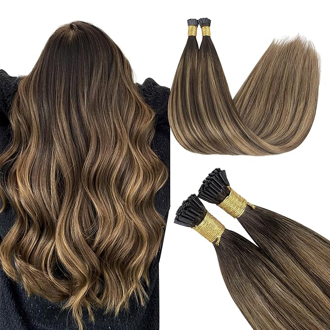 GOO GOO I Tip Hair Extensions, Real Human Hair, 20inch 100g 100S, Cold Fusion I Tip, Invisible Remy, 4D/14/5B Brunette Balayage
