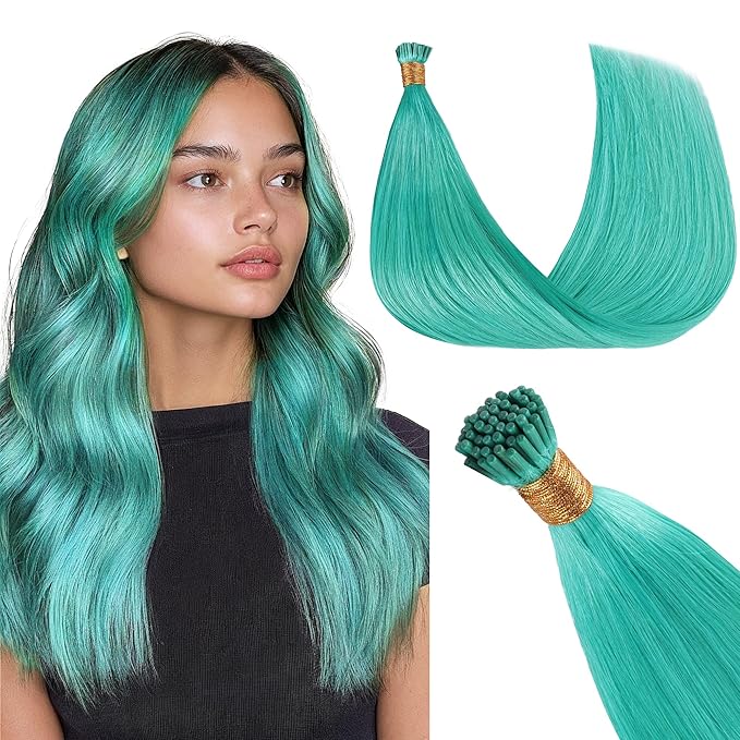 GOO GOO Colored I Tip Hair Extensions, Real Human Hair, 24inch 50g 50S, Cold Fusion I Tip, Invisible Remy, Teal Green