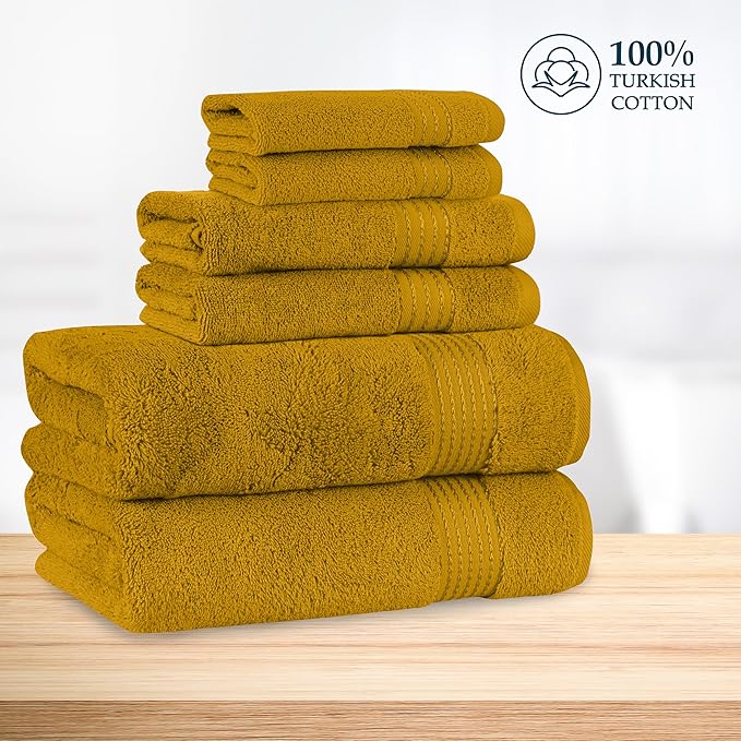 Mocassi Luxury 100% Turkish Cotton 6-Piece Towel Set - Ultra Soft, Quick Dry Highly Absorbent Premium Spa Hotel Quality Bath Towels, Includes 2 Bath Towels, 2 Hand Towels and 2 Washcloths, Gold