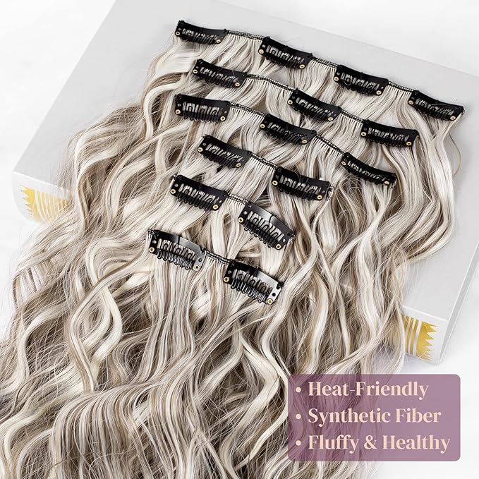 LONAI Clip In Hair Extensions, 6PCS Curly 24" Long Synthetic Clip On Hairpiece For Women Ash Brown with Blonde Highlights