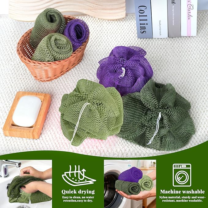 African Net Sponge Authentic, 3 Pieces Exfoliating Scrubber Bath Sponge for All Skin Types, Back Scrubber Loofah Washcloth for Shower, Gentle Exfoliation (Dark Green,Light Green,Purple)