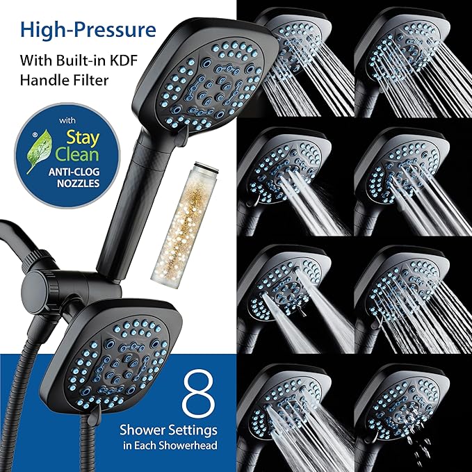 6-way High Pressure 82 Spray Mode Filtered Showerhead Combo - Handheld Shower Head Filters Chlorine to Heal Dry Skin, Revive Hair - Dual Power Wash Cleans Tub, Tile, Pets - Hard Water Softener, Black
