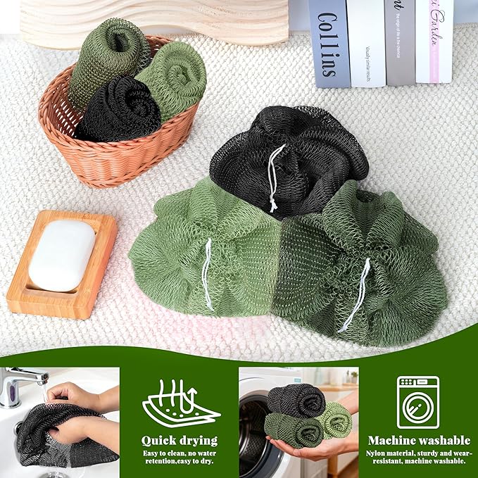 African Net Sponge Authentic, 3 Pieces Exfoliating Scrubber Bath Sponge for All Skin Types, Back Scrubber Loofah Washcloth for Shower, Gentle Exfoliation (Dark Green,Light Green,Black)