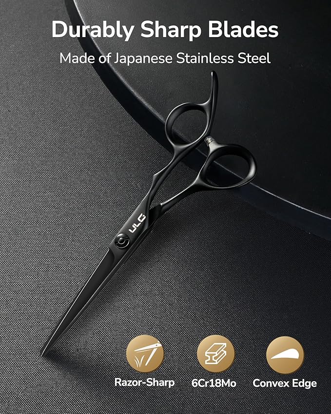 ULG Professional Hair Cutting Scissors 6.5 Inch – Japanese Stainless Steel Barber Shears for Salon & Home Haircut, Ergonomic Offset Handles with Silencer, Hand-Honed Sharp Blades, Matte Black
