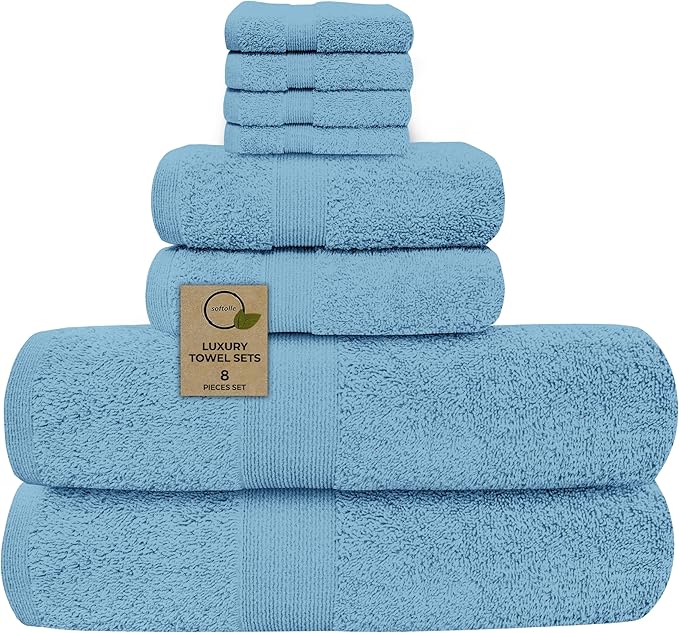 Softolle Luxury 8 Piece Towel Set, 2 Bath Towels 2 Hand Towels 4 Washcloths, Towels for Bathroom, Home, Spa & Gym - Highly Absorbent (Sky Blue)