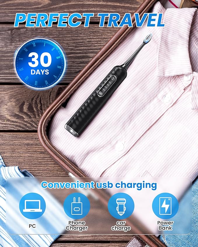 Electric Toothbrush with Water flosser, 3 in 1 Teeth Cleaning Kit with 7 Modes, Electric Toothbrush and flosser Combofor Adults, Water Flosser Portable for Travel and Home (Black)