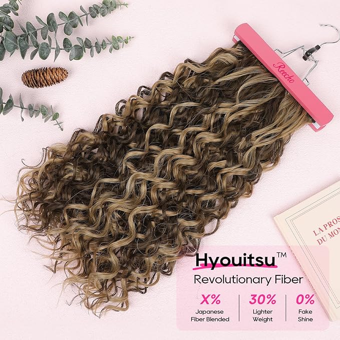 REECHO Curly Hair Extensions, 4PCS 24 inch Clip in Hair Extensions Lace Weft Short Curly Extensions Clip Ins Invisible Natural Hairpieces for Women, Chocolate Brown with Highlights