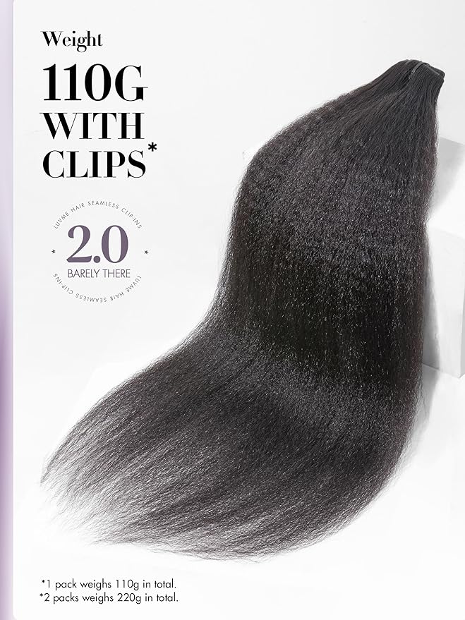 LUVME Invisible Clip in Hair Extensions, Kinky Straight Real Human Hair Remy Hair Clip ins for Women, Natural Human Hair, 14 inch 110g 7Pcs, Natural Black