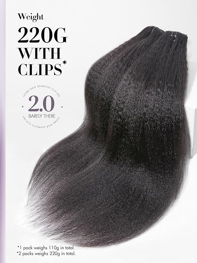 LUVME Invisible Clip in Hair Extensions, Kinky Straight Real Human Hair 16 Inch 2 Pack 220g 14pcs Clip ins Hair Extensions Natural Black for Women