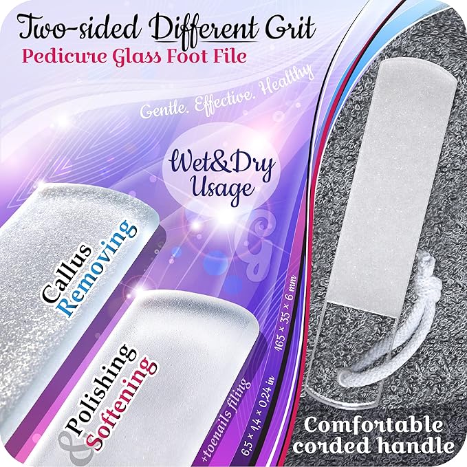 Genuine Czech Glass Nail File Set by GLADZY - Callus Remover Foot Rasp, Cuticle Pusher Manicure Stick, Double Sided Etched Different Grit Surface, Professional Nail Care Tool Kit, Made in EU