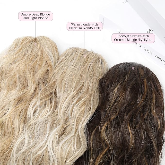 HOOJIH Ponytail Extension, Drawstring Ponytail Hair Extensions 26 Inch Long Curly Wavy Ponytail Natural Wavy Synthetic Hairpiece for Women Daily Use - Warm Blonde with Platinum Blonde Tails