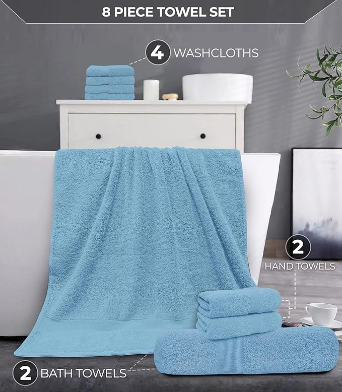 Softolle Luxury 8 Piece Towel Set, 2 Bath Towels 2 Hand Towels 4 Washcloths, Towels for Bathroom, Home, Spa & Gym - Highly Absorbent (Sky Blue)
