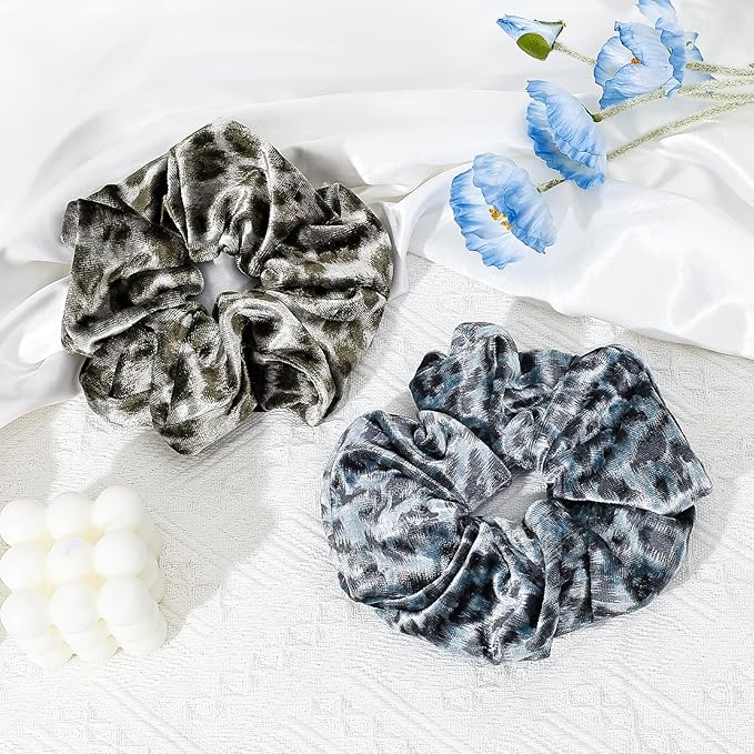 2-Piece Velvet Hair Scrunchies, Non Slip Leopard Print Hair Ties for Daily Styling, Parties & Workouts, No Damage Scrunchy Ponytail Holders Hair Accessories for Women & Girls (Blue & Coffee)