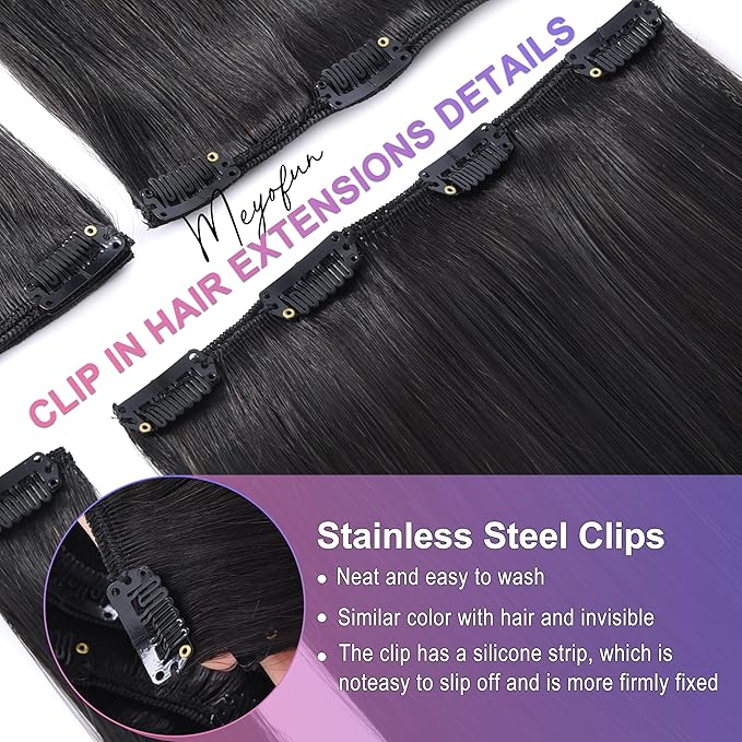 Clip in Hair Extensions Real Human Hair, 16 Inch 90g, 1B Natural Black, Invisible Seamless Straight Remy Human Hair Clip in Extensions for Women 8pcs Per Set with Double Weft