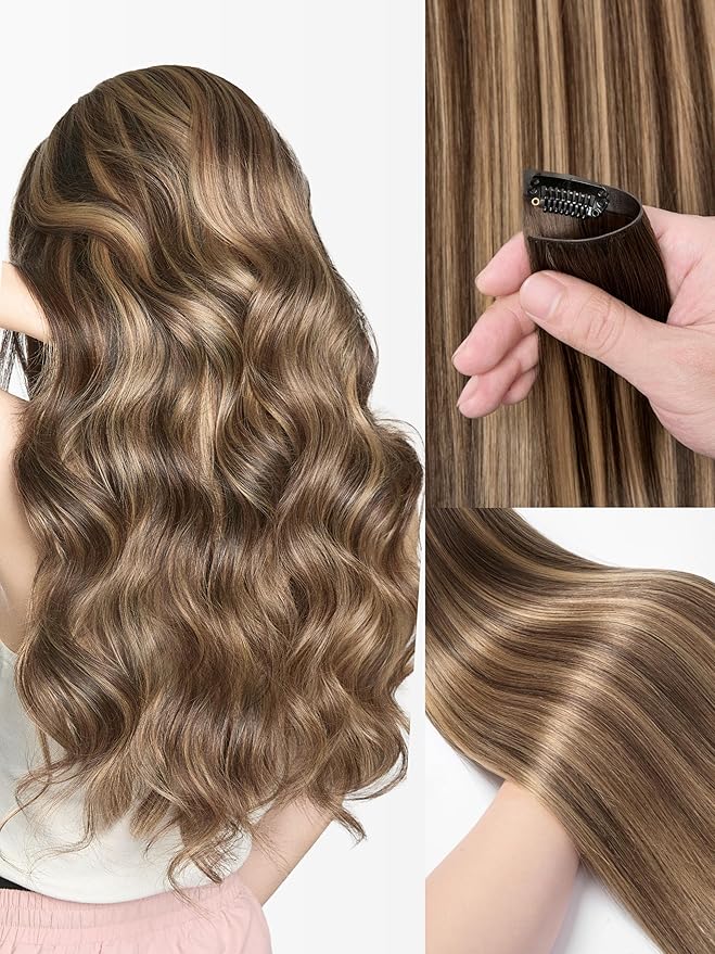 LUVME Invisible Clip in Hair Extensions Real Human Hair, 16 inch 110g 6Pcs, Natural Chestnut Brown Highlights Human Hair Extensions Clip ins for Women, Natural Seamless Straight Human Hair