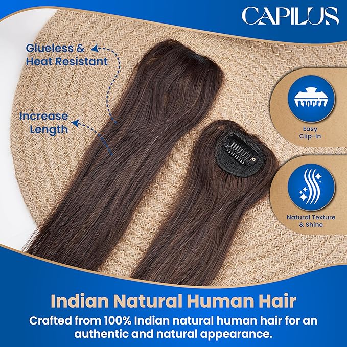Capilus Invisible Hair Patch (Natural Brown, 12 Inch 1 Pack) | 100% Indian Human Hair Extensions for Women & Girls | Natural-Looking Volumizer | Undetectable, Durable & Non-Damaging Clip Mechanism