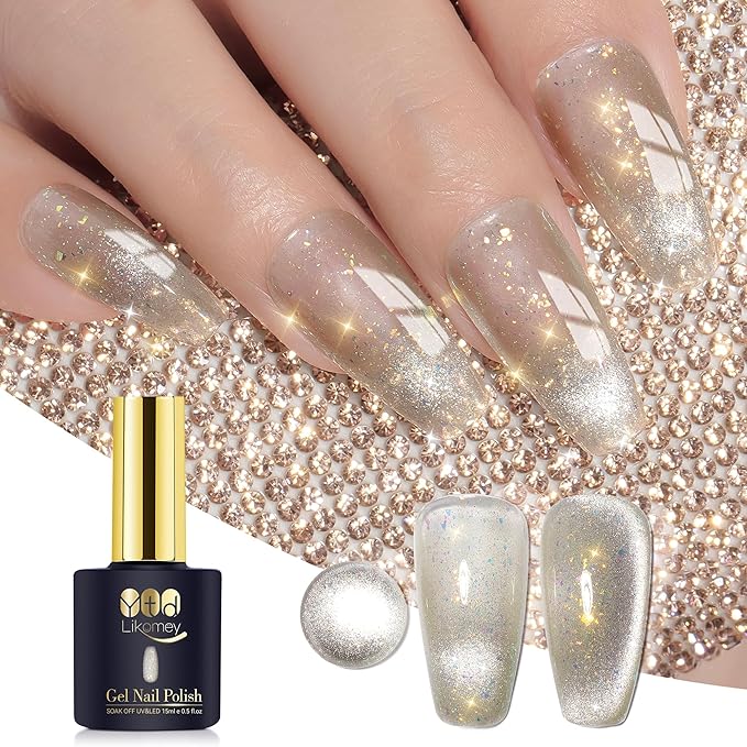 YTD Likomey Cat Eye Gel Nail Polish,15ml Olive Green Brocade Glitter Iridescent Holographic Translucent Neutral Jelly Sheer Shiny Magnetic Opal Shimmer Fall Winter UV Gel with Magnet Stick,MY361
