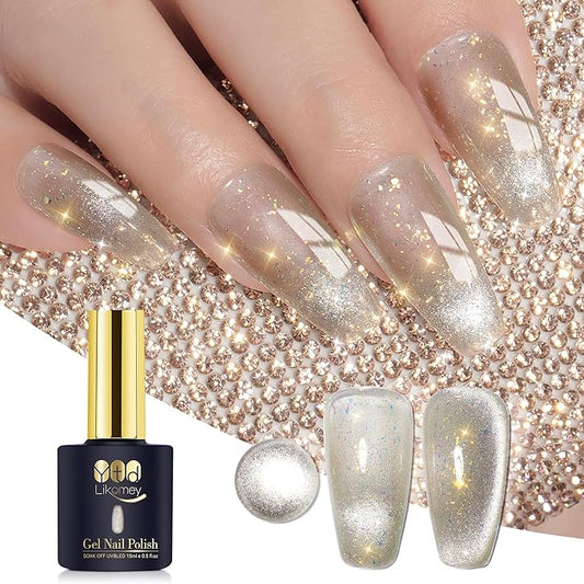 YTD Likomey Cat Eye Gel Nail Polish,15ml Olive Green Brocade Glitter Iridescent Holographic Translucent Neutral Jelly Sheer Shiny Magnetic Opal Shimmer Fall Winter UV Gel with Magnet Stick,MY361