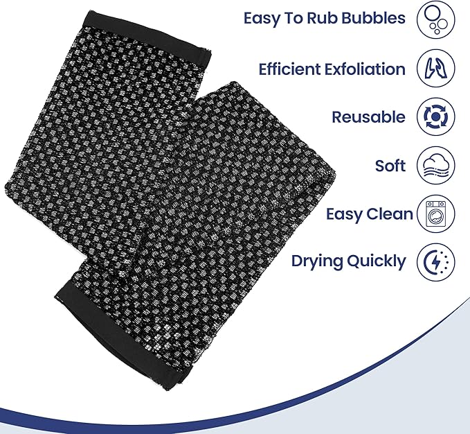 Japanese Exfoliating Loofah Back Scrubber - Shower Bath Towel for Men & Women (2 Pack Black, 33.4" x 11.8")
