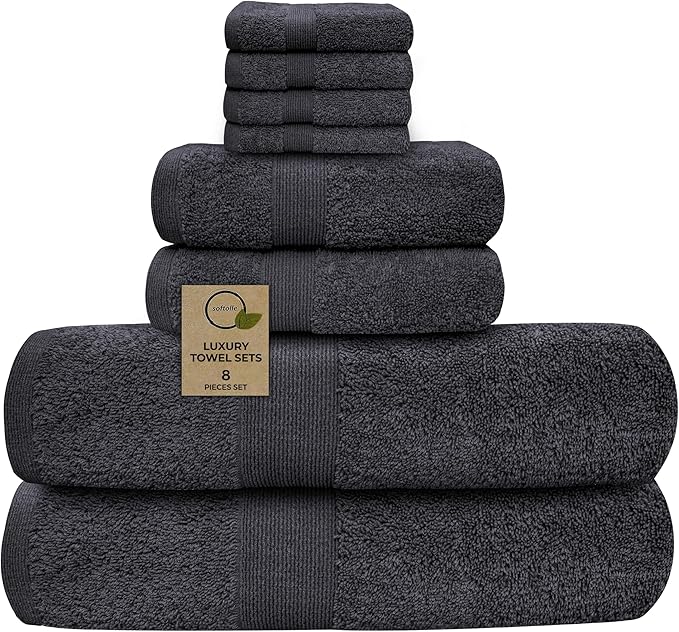 Softolle Luxury 8 Piece Towel Set, 2 Bath Towels 2 Hand Towels 4 Washcloths, Towels for Bathroom, Home, Spa & Gym - Highly Absorbent Ultra Soft Quick-Dry (Grey)