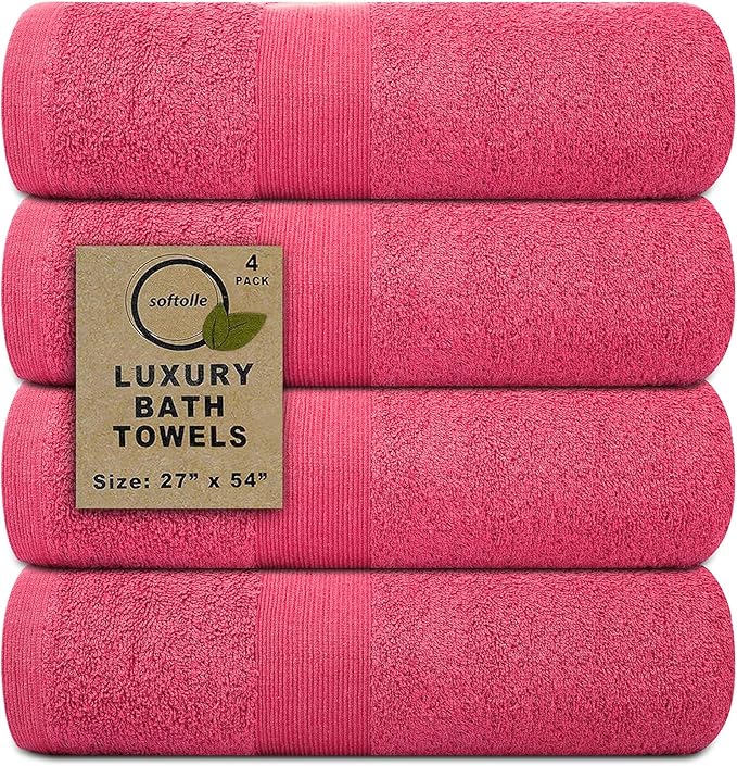 Softolle Luxury Bath Towels Set of 4 (27” x 54”) | Towels for Bathroom | Super Soft | Highly Absorbent Towels for Home, Spa, Gym (Raspberry)