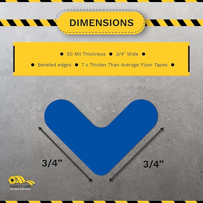 Mighty Line 3/4" Wide Corner Floor Marking Tape, Heavy-Duty, Peel and Stick, Adhesive, Industrial Quality, Blue, Pack of 108