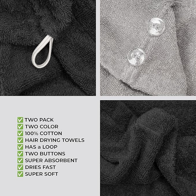 American Soft Linen 100% Cotton Hair Towels for Women, Head Towel Cap, Cotton Hair Turban Towel Wrap, Soft and Absorbent 2 Pack, Black-Light Gray