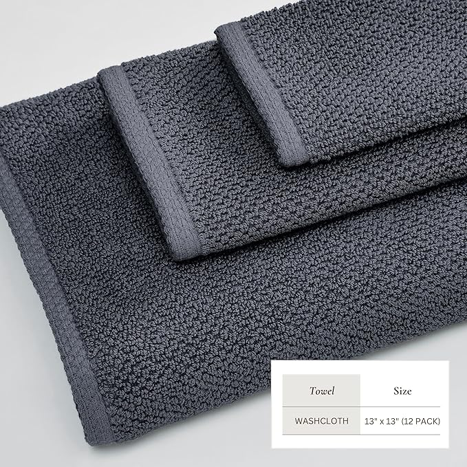 Great Bay Home 100% Cotton 12-Pack 13x13 Wash Cloth - Absorbent, Quick-Drying, Durable Face Towels for Bathroom Decor - Low-Twist, Two-Ply Fibers (Stone Blue)