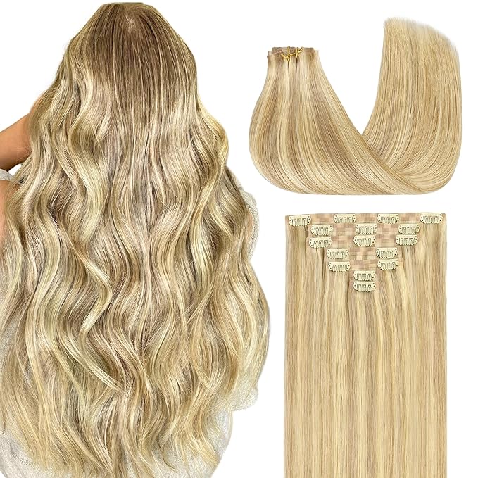 GOO GOO Clip in Hair Extensions Real Human Hair, Remy Human Hair Extensions Clip ins for Women, Natural Human Hair, 22inch 150g 7Pcs, 18D/22F Dirty Blonde Highlights
