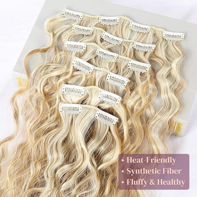 LONAI Clip In Hair Extensions, 6PCS Curly 24" Long Synthetic Clip On Hairpiece For Women Dark Blonde with Highlights