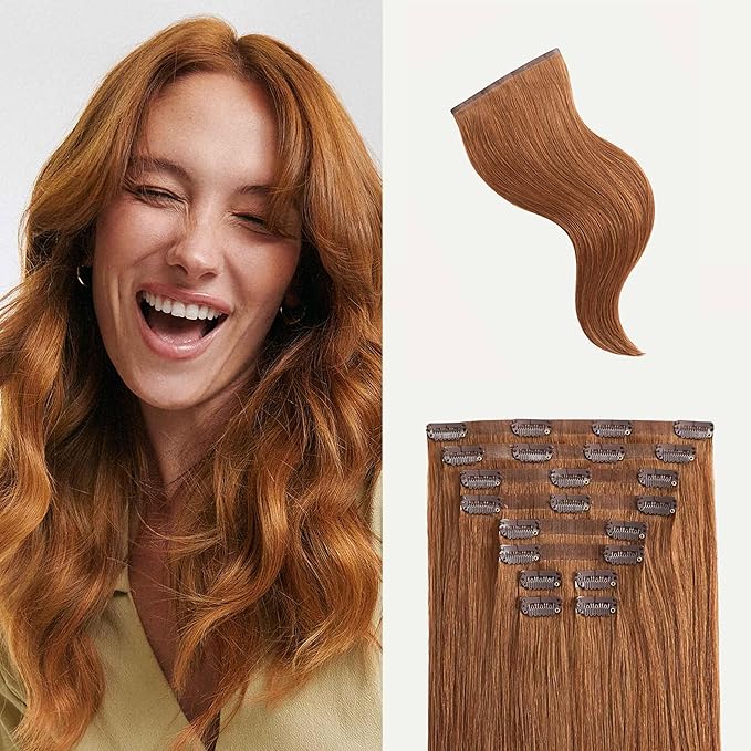 Luxy 100% Remy Human Hair - Seamless Clip-In Hair Extensions - Multi-Dimensional Color for Natural Blending, Adds Volume & Length 50 grams 12"Natural Red Seamless Clip-In