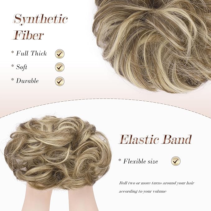 FESHFEN Messy Bun Hair Piece - Elastic Wavy Curly Hair Bun Scrunchies Extensions Synthetic Chignon Hairpieces for Women, Brunette & Blonde 1.5 oz