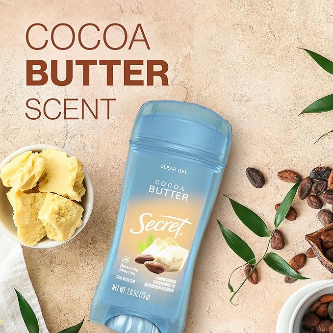 Secret Fresh Antiperspirant Deodorant for Women, 72hr Breathable Sweat & Odor Protection, Instant Freshness & Gentle, PH Balancing Minerals, Clear Gel, Cocoa Butter Scent, 2.6 oz