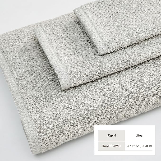 Great Bay Home 100% Cotton 6 Pack 26x16 Hand Towel Set - Absorbent, Quick-Drying, Durable Towels for Bathroom Decor - Low-Twist, Two-Ply Fibers (Light Grey)