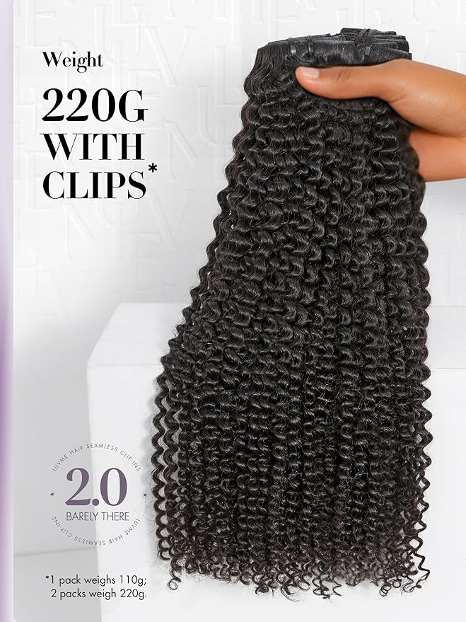 LUVME Invisible Clip ins Hair Extensions Deep Kinky Curly Real Human Hair Remy Hair Clip ins for Women, Natural Human Hair,16 inch 2 Pack 220g 12Pcs, Natural Black