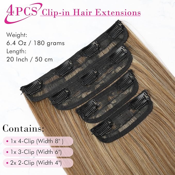 REECHO 20" Straight Long 4 PCS Set Thick Clip in on Hair Extensions Light Brown with Highlights