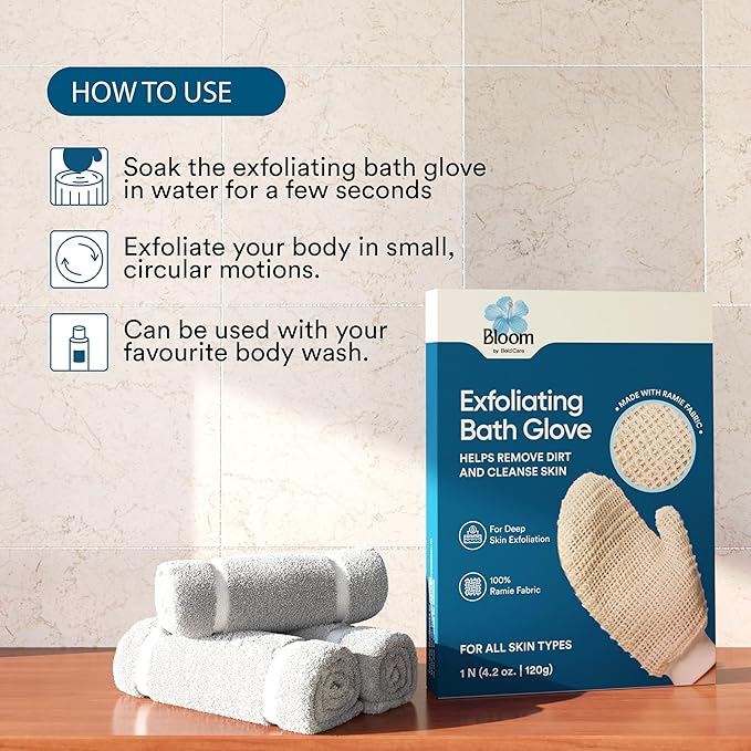 Bloom Exfoliating Bath Glove | 1 Glove | for Exfoliation & Strawberry Legs | Gently Removes Dead Skin Cells | 100% Ramie Fabric | Prevents Ingrown Hair & Body Acne| for Sensitive Skin