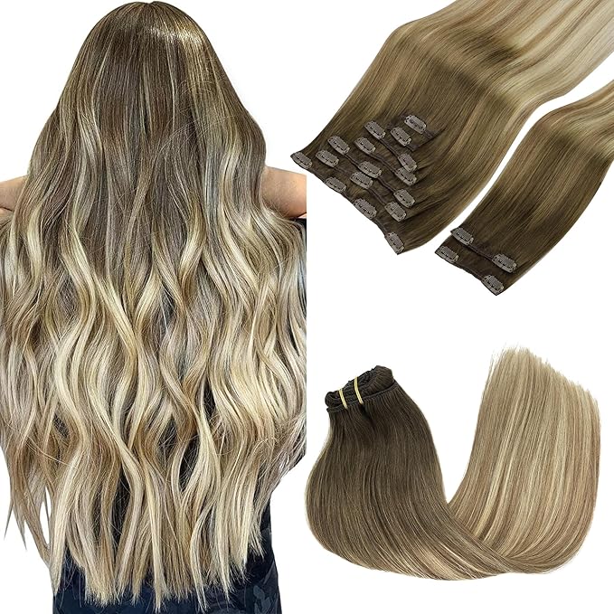 GOO GOO Clip in Hair Extensions Real Human Hair, Remy Human Hair Extensions Clip ins for Women, Natural Human Hair, 18inch 150g 9Pcs, 3/8/613 Balayage Walnut Brown to Ash Brown and Bleach Blonde