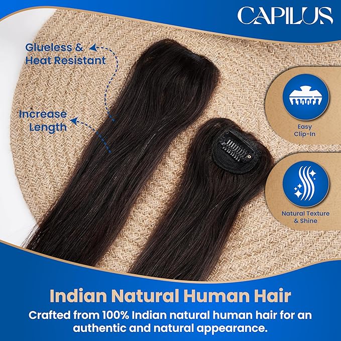 Capilus Invisible Hair Patch (Natural Black, 16 Inch 1 Pack) | 100% Indian Human Hair Extensions for Women & Girls | Natural-Looking Volumizer | Undetectable, Durable & Non-Damaging Clip Mechanism